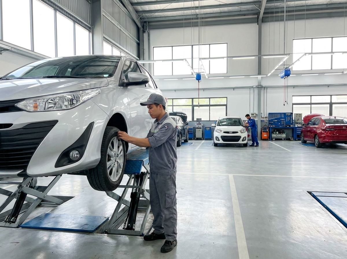 Kỹ thuật viên kiểm tra lốp xe ô tô tại garage