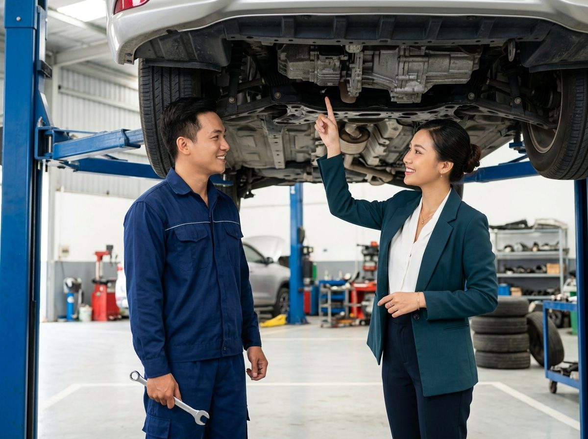 Nhân viên tư vấn và thợ kiểm tra gầm xe trên cầu nâng tại garage uy tín